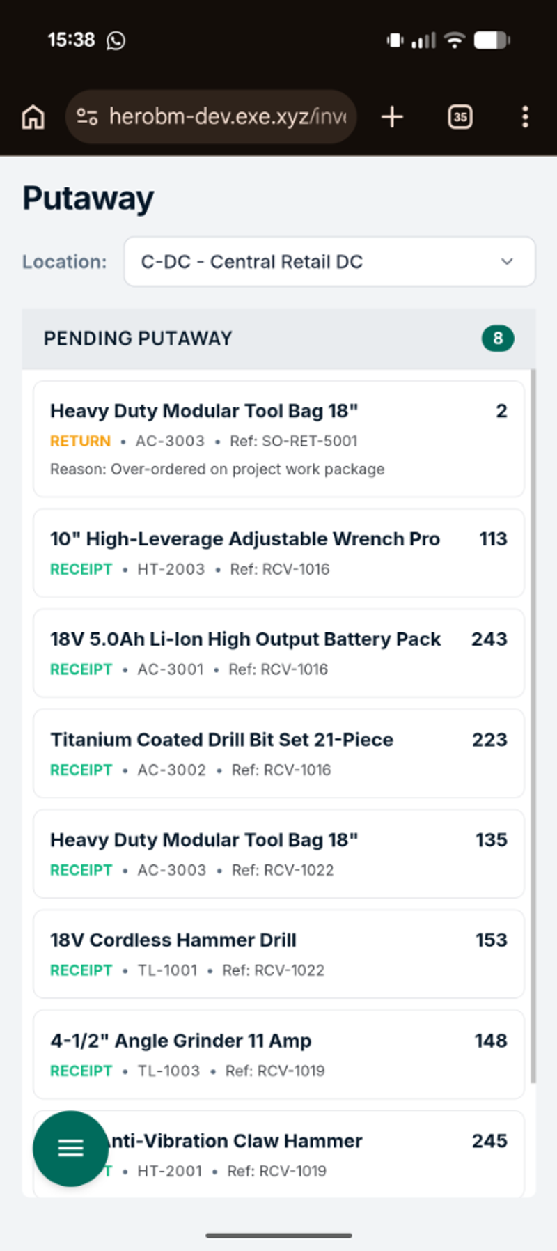 HeroBM Mobile Warehouse Putaway View