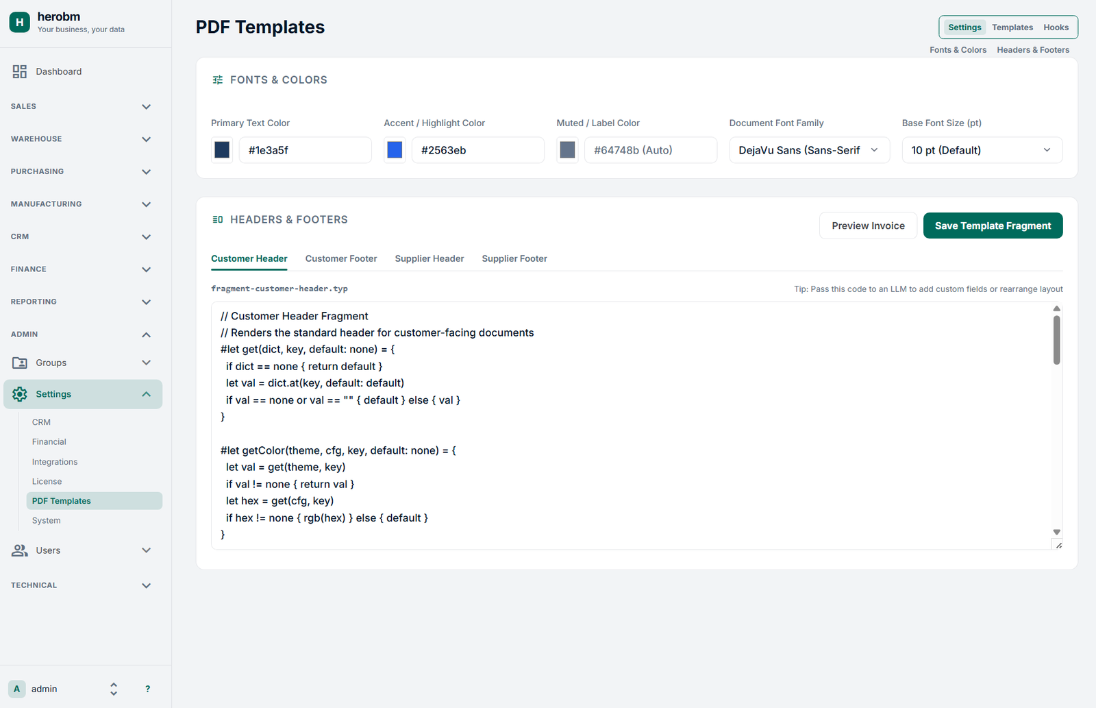 Screenshot showing the PDF template settings (colors, fonts, headers and footers) in HeroBM