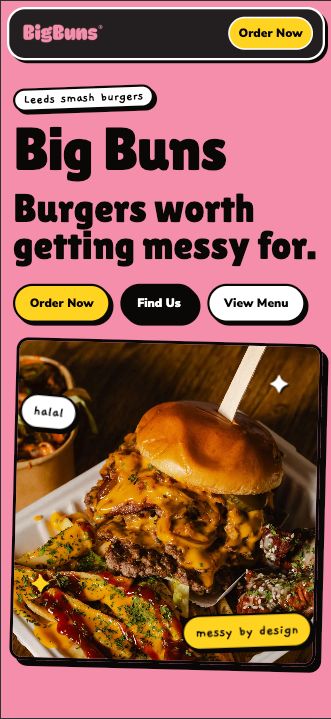 Big Buns landing page with its pink branding, burger photography and order links
