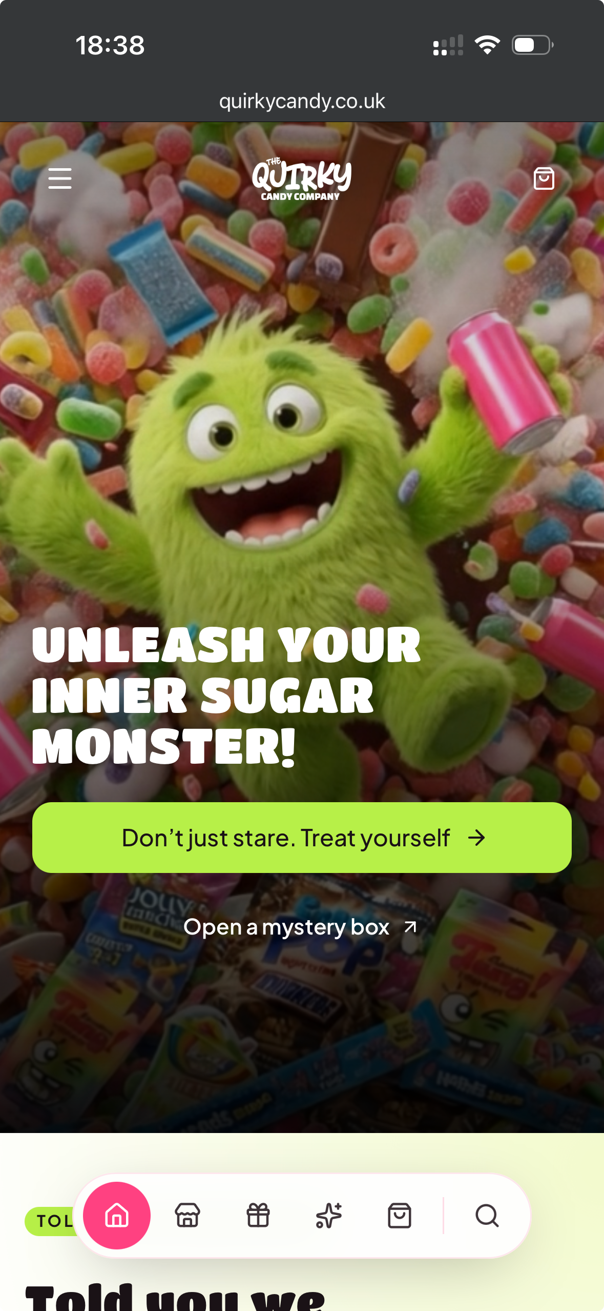 The Quirky Candy mobile website showing its Sugar Monster hero, shop links and mobile navigation