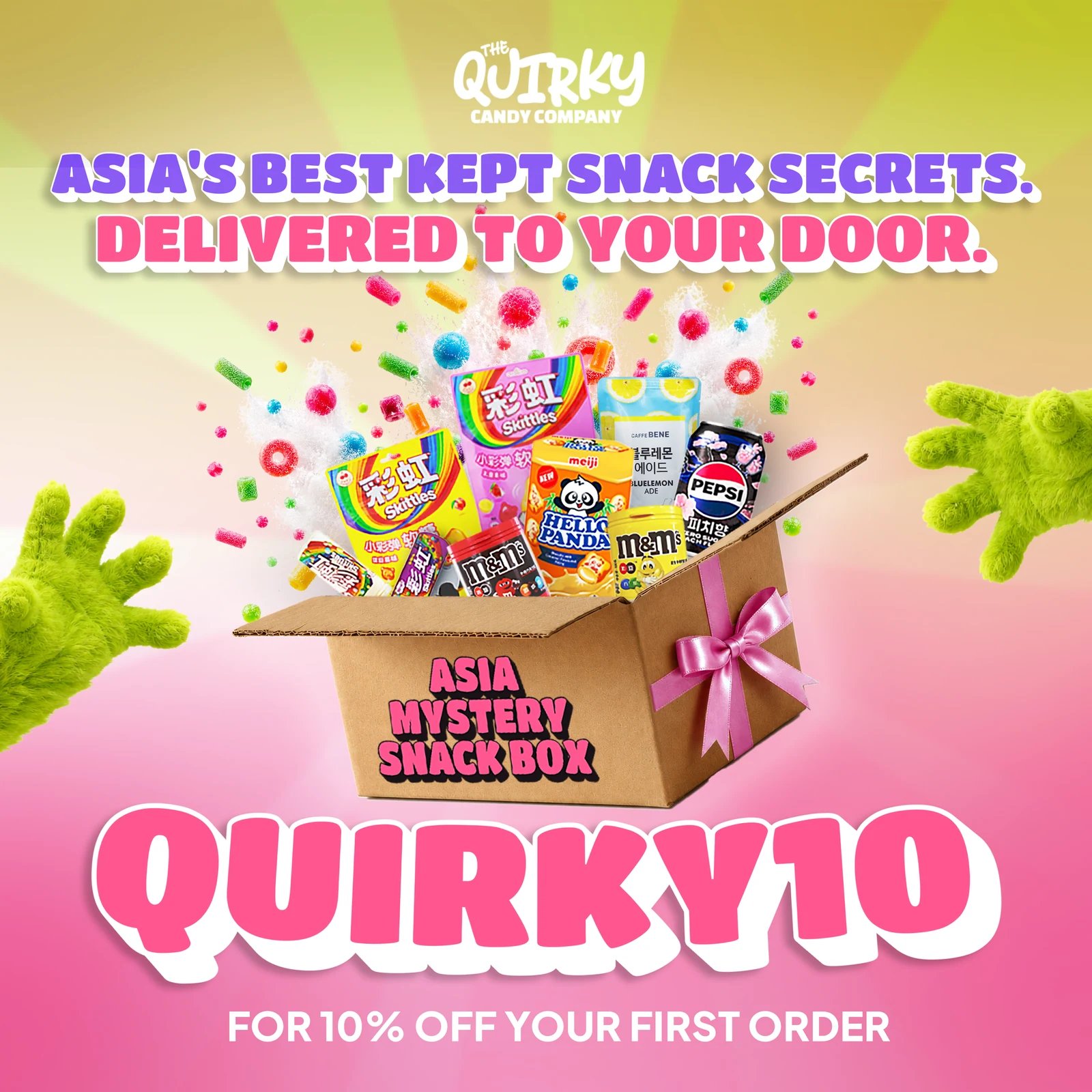 Quirky Candy Asia Mystery Snack Box creative with the Sugar Monster and a home-delivery message