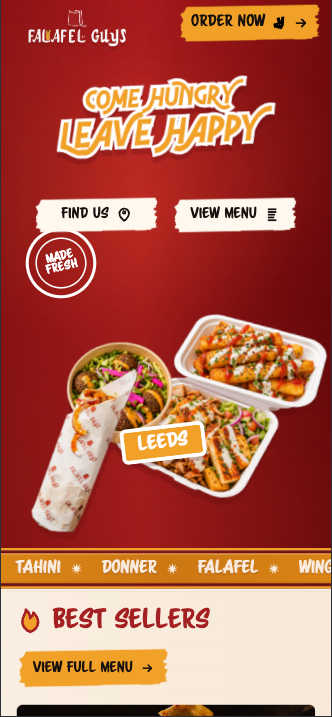 Falafel Guys landing page with its Come Hungry Leave Happy headline and food photography