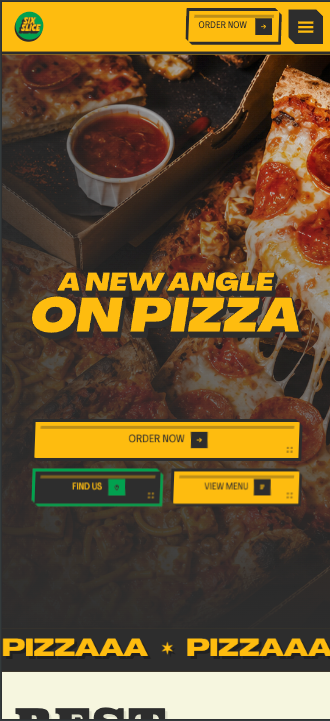Six Slice landing page with its A New Angle on Pizza headline and yellow navigation