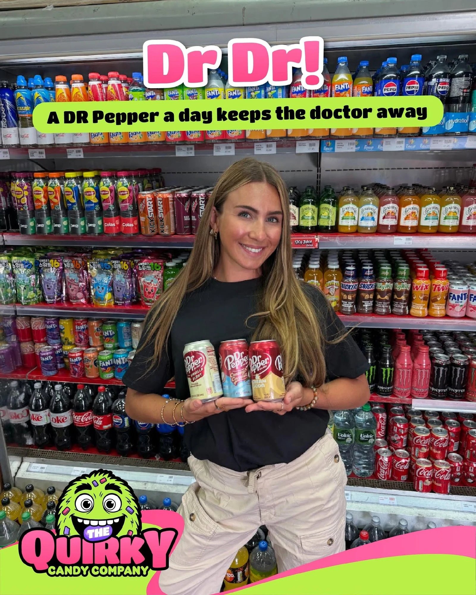 Finished Quirky Candy social artwork featuring a presenter holding Dr Pepper cans