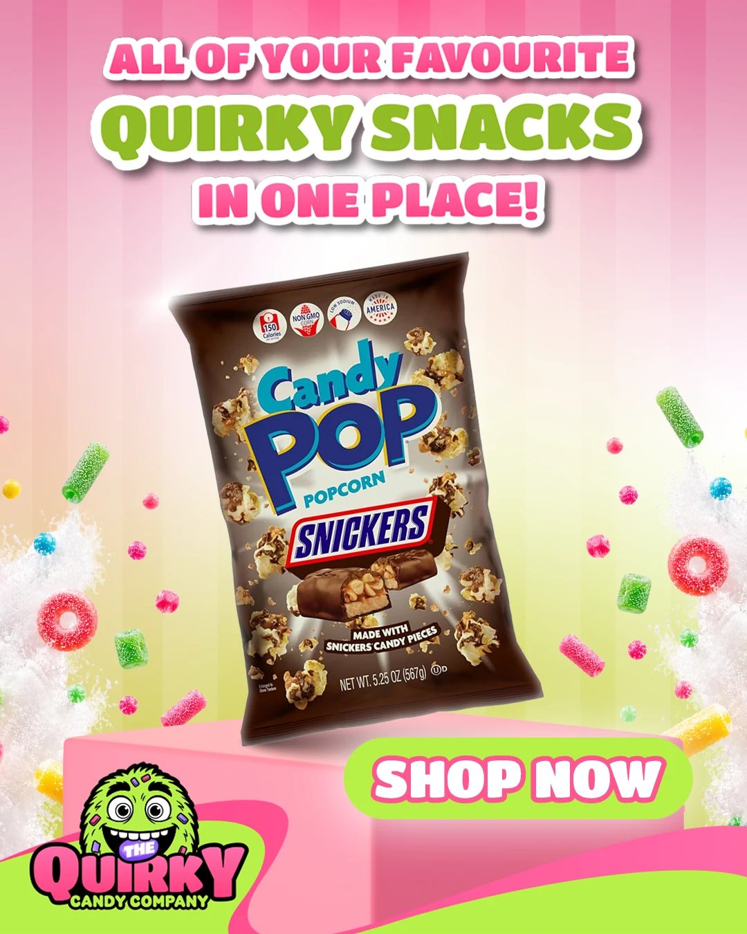Quirky Candy Snickers Candy Pop promotional creative with a Shop Now call to action