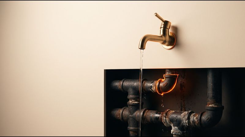 A Gold Faucet on Rusted Pipes
