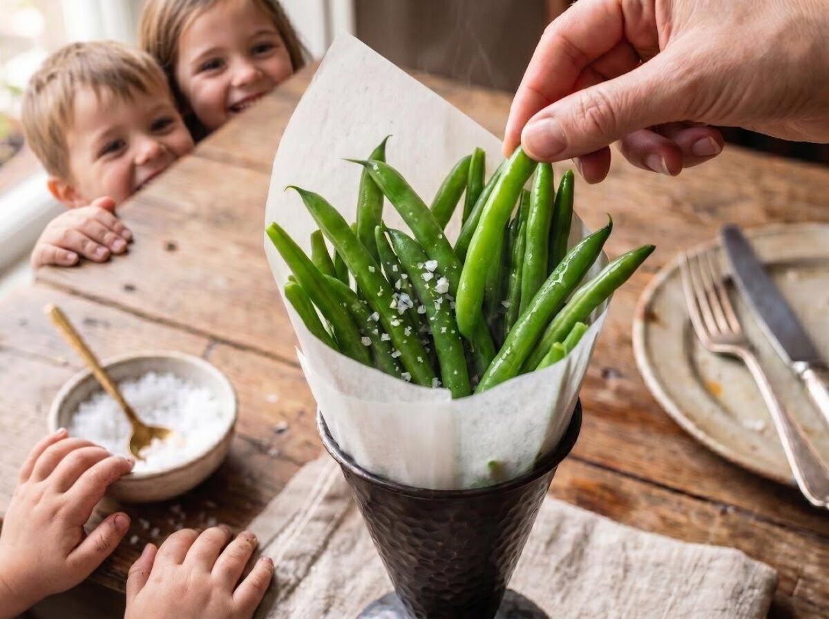 kids looking at green beans