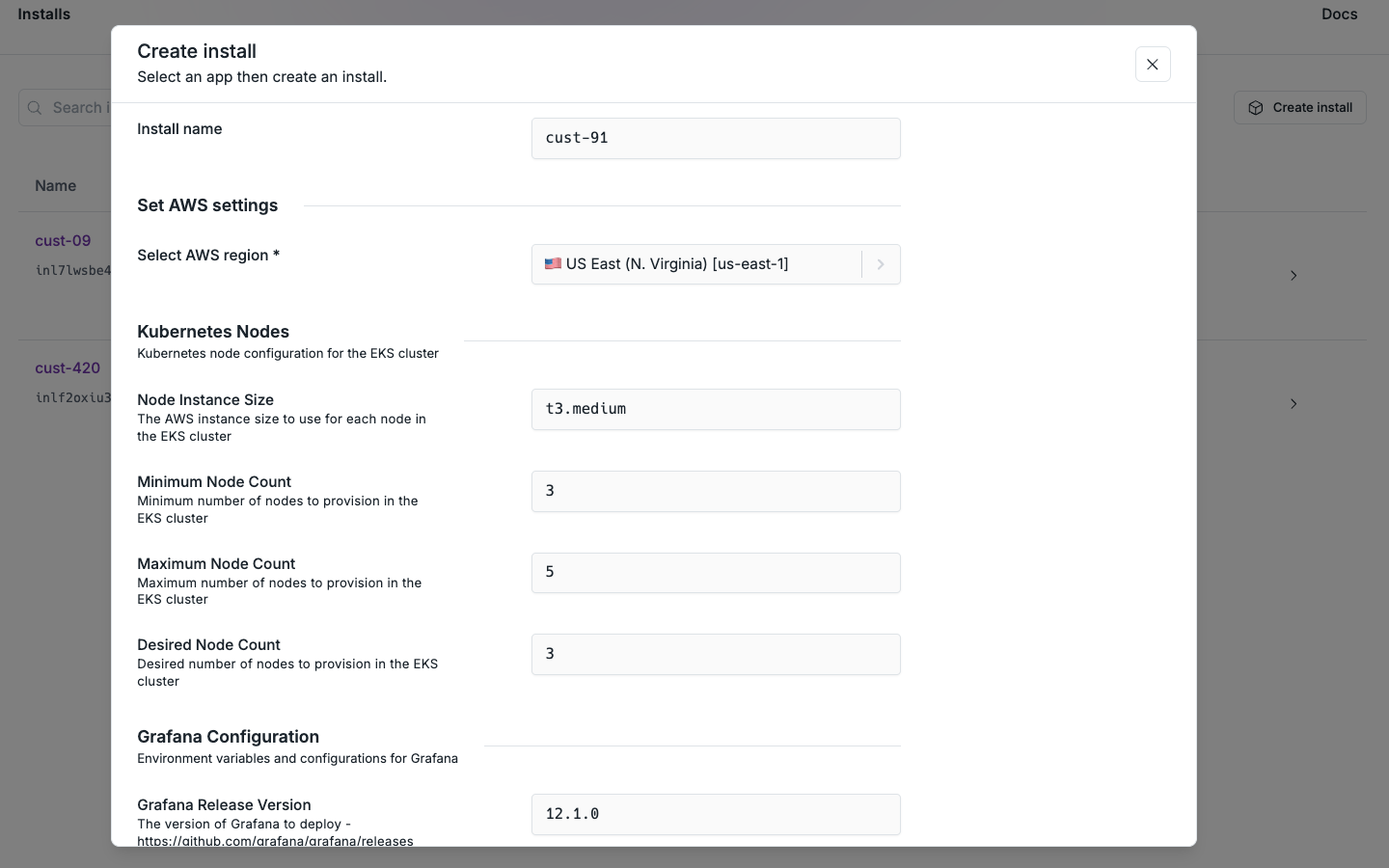 Starting an Install in a customer's cloud account by providing inputs through the Nuon dashboard