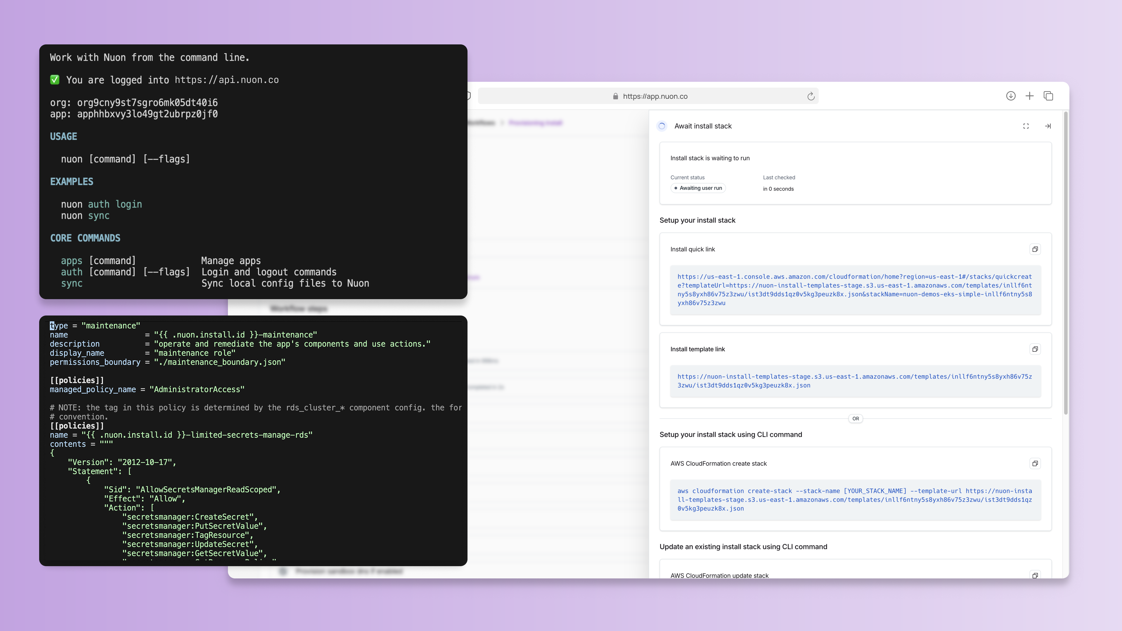 Image of Nuon's CLI help text, permissions config and Workflow UI.