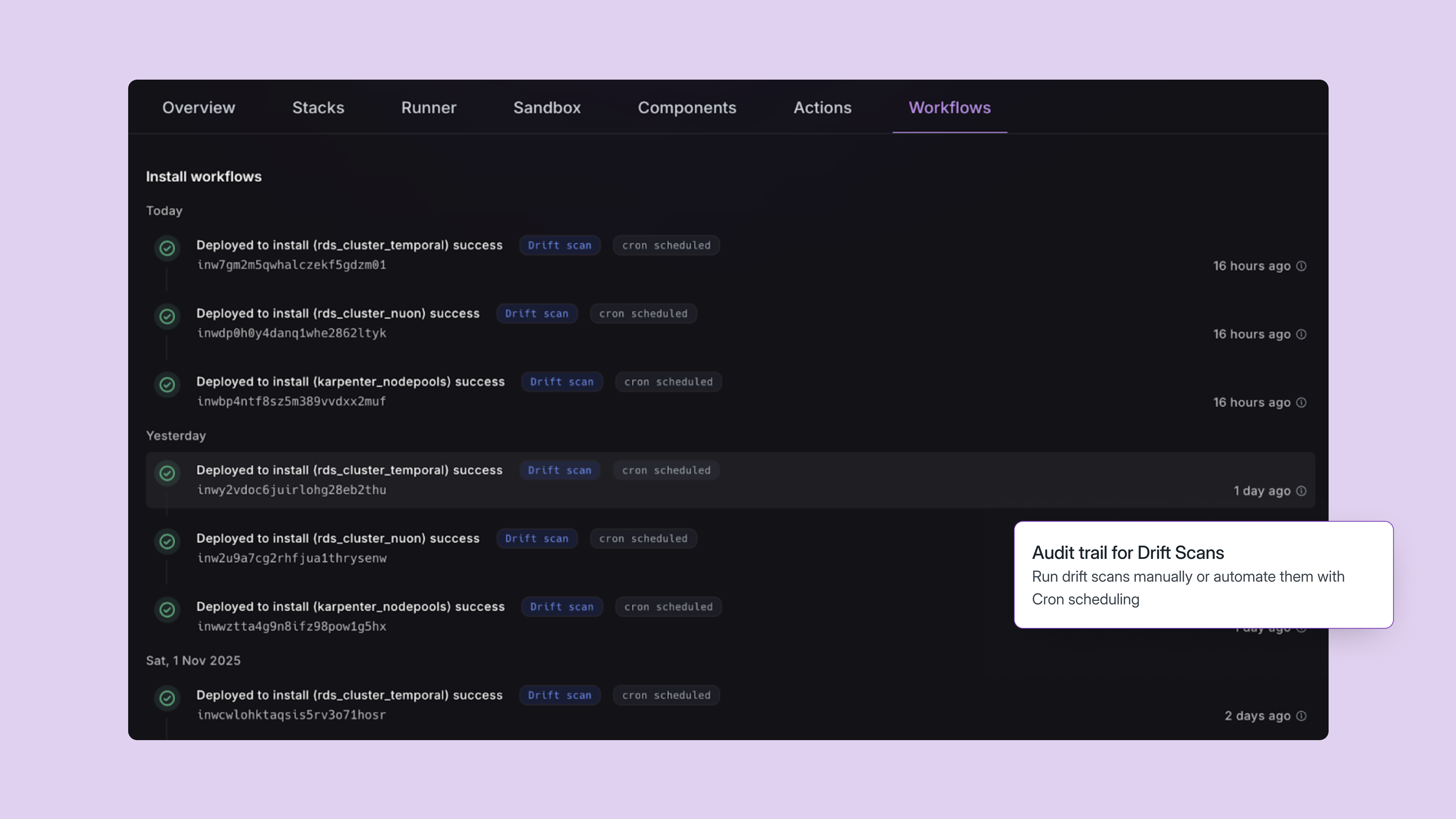 Image showcasing Audit trails for drift scans with Cron Schedule.