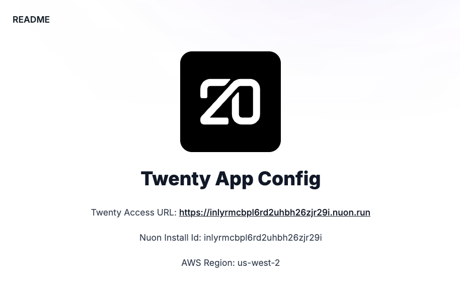 The completed Install with an interpolated Access URL to open Twenty in a browser
