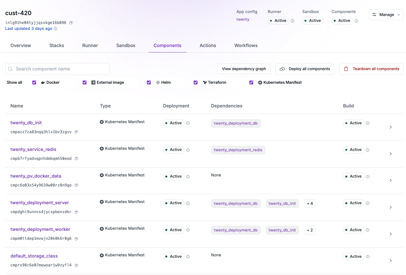 The Components that make up the Twenty App Config in Nuon