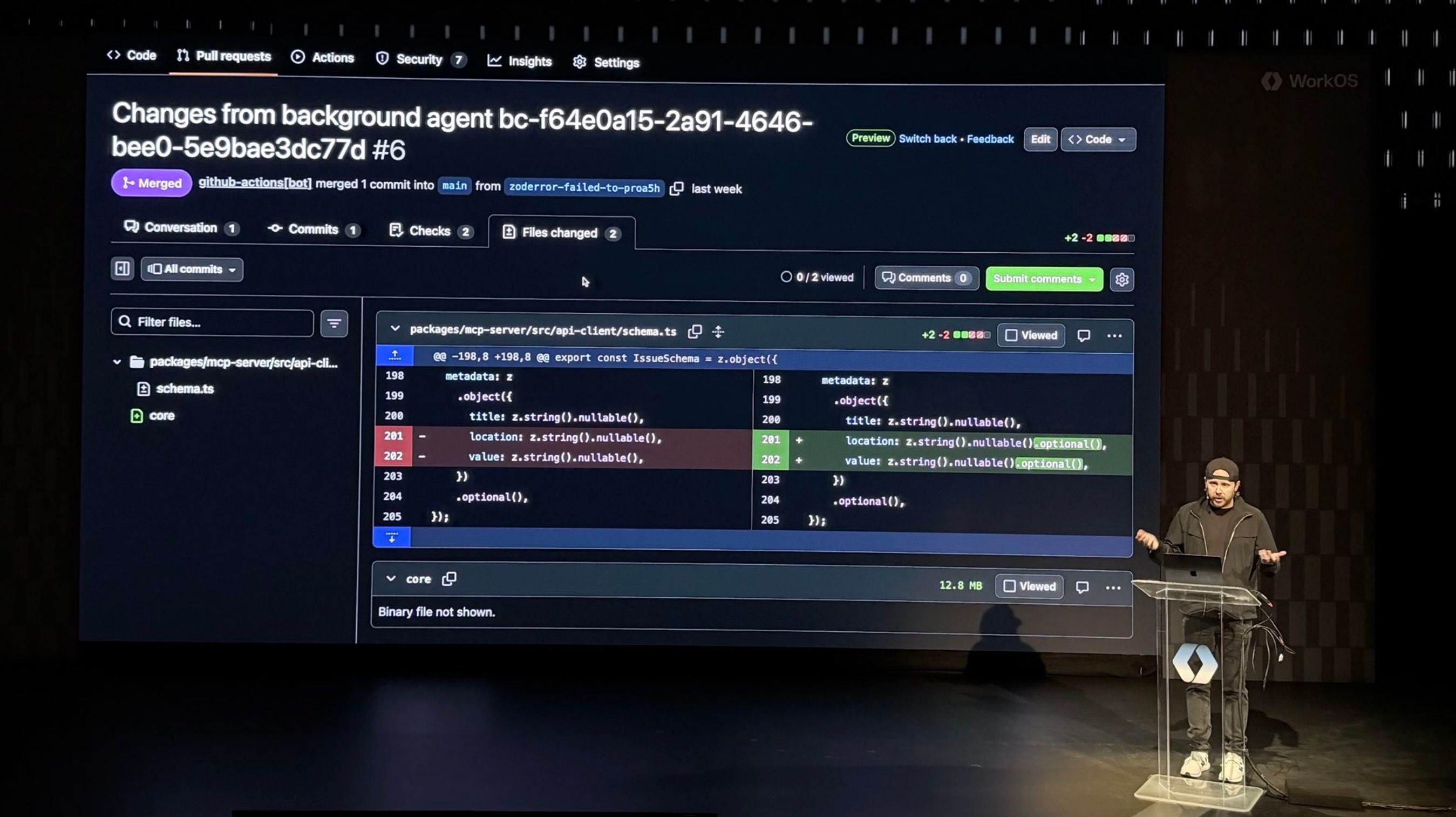 The last of the demos showing a live PR on Github that an LLM updated