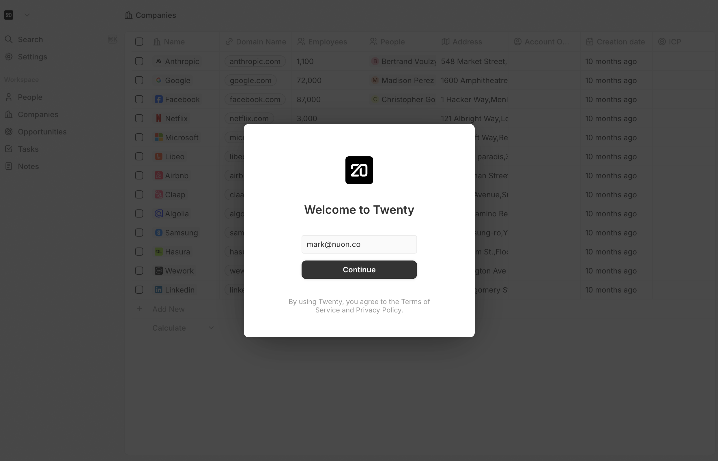 Creating the first user in Twenty