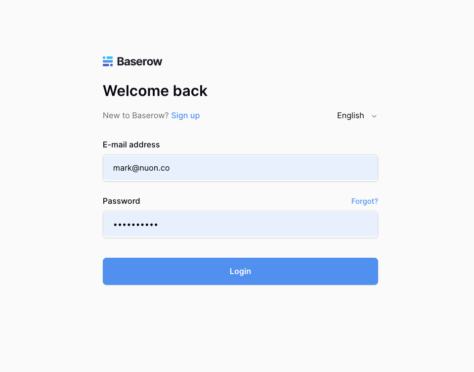 The Baserow login screen