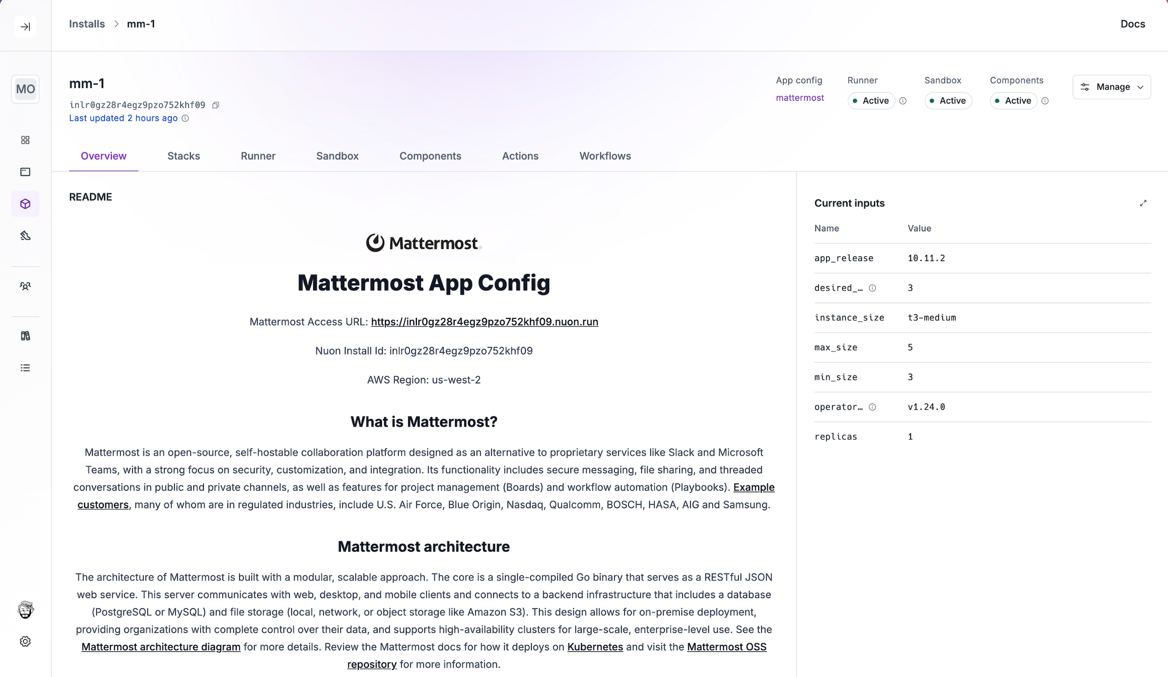 An uploaded and synced App Config of Collaboration platform Mattermost