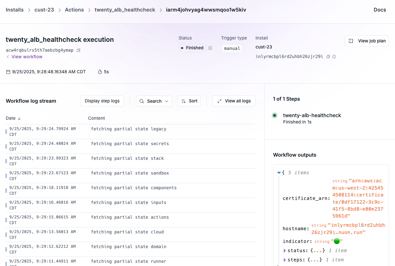 Workflow results of a Nuon Action that reports 🟢 or 🔴 on the health of ALB