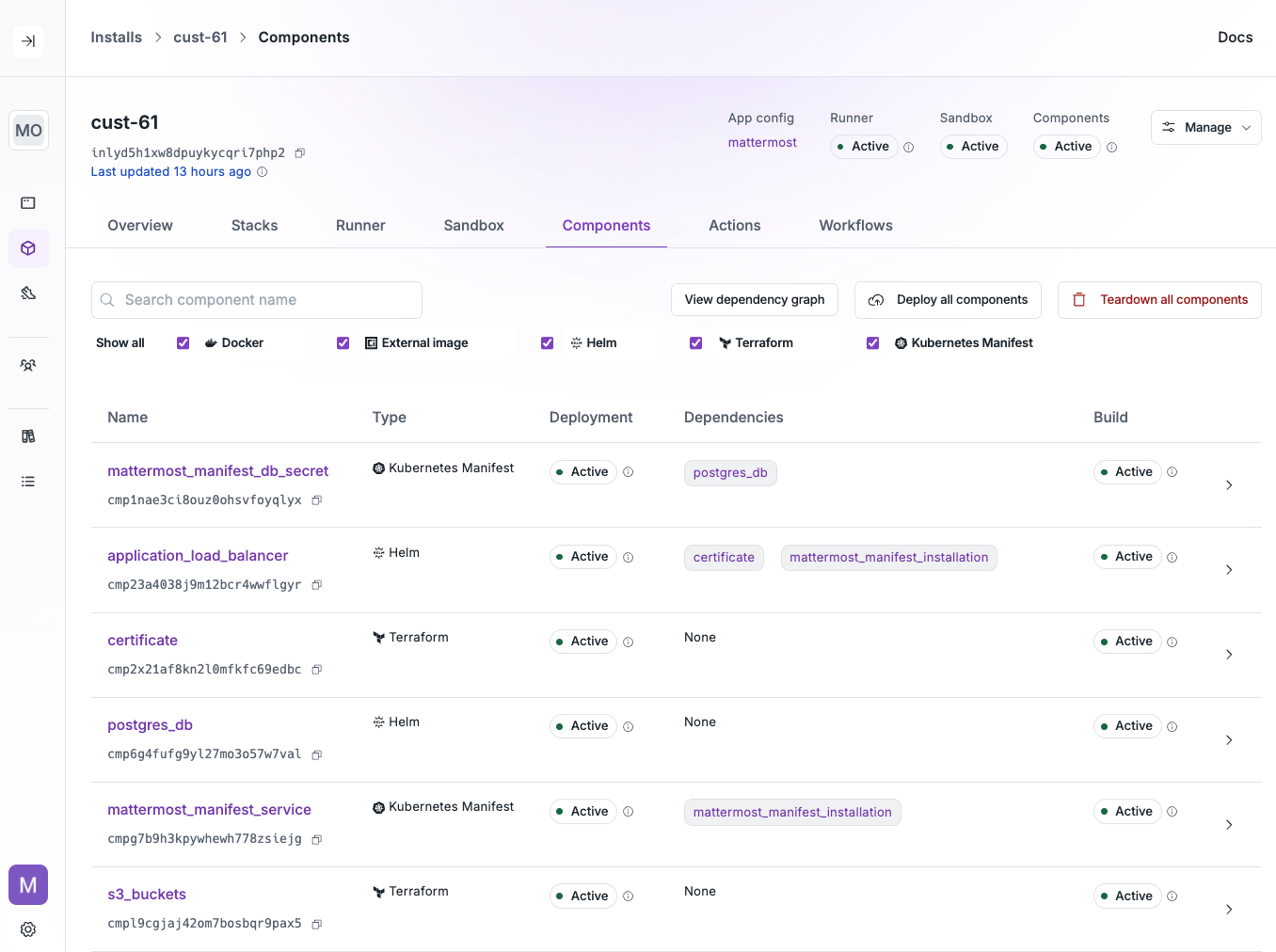 An install's state and components (Helm, Terraform, Kubernetes Manifests) in the Nuon dashboard