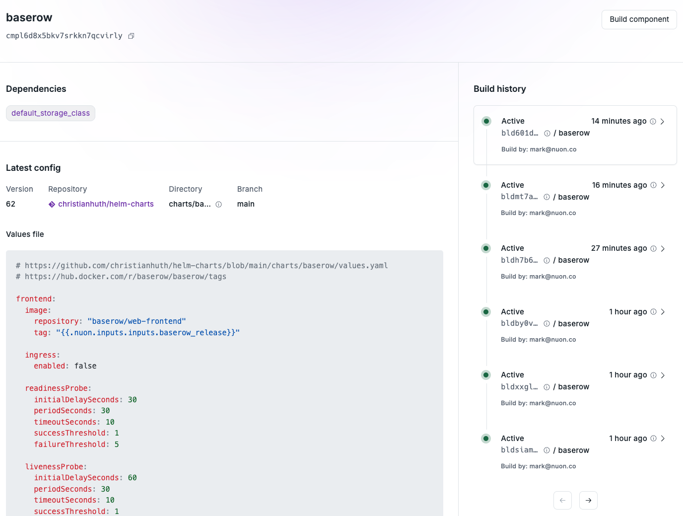The Helm component for the Baserow values.yaml with the Baserow release as a templated input