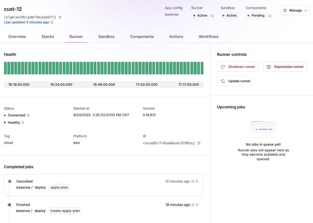 The Install runner's status is visible in the dashboard