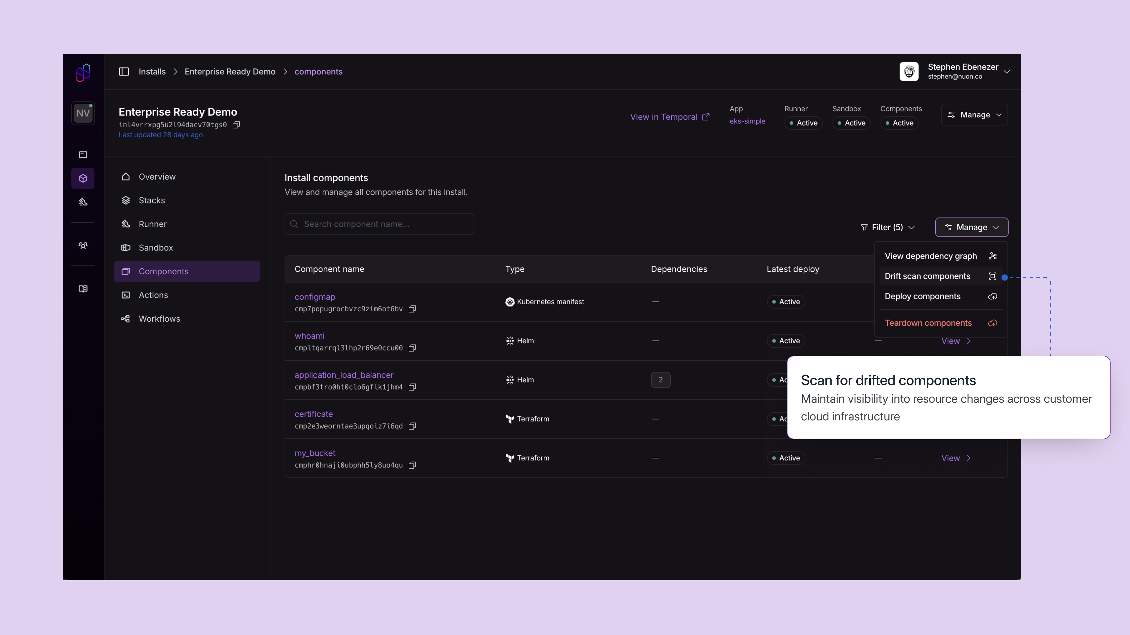 Image of Dashboard UI showcasing Drift Detection option for install components.