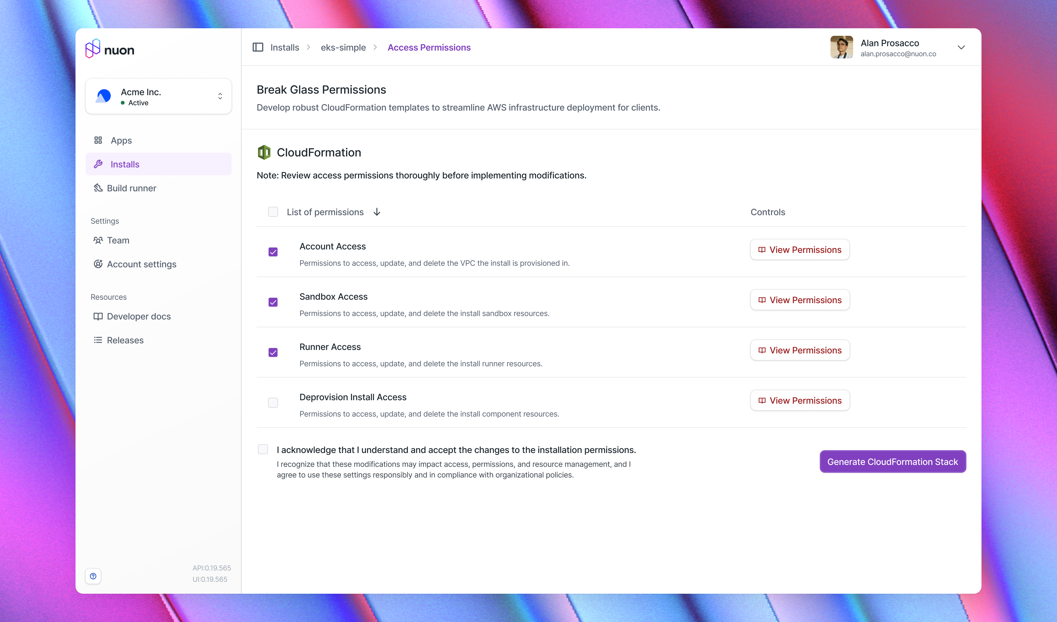 UI of Nuon's Dashboard which shows Breakglass - policy creation