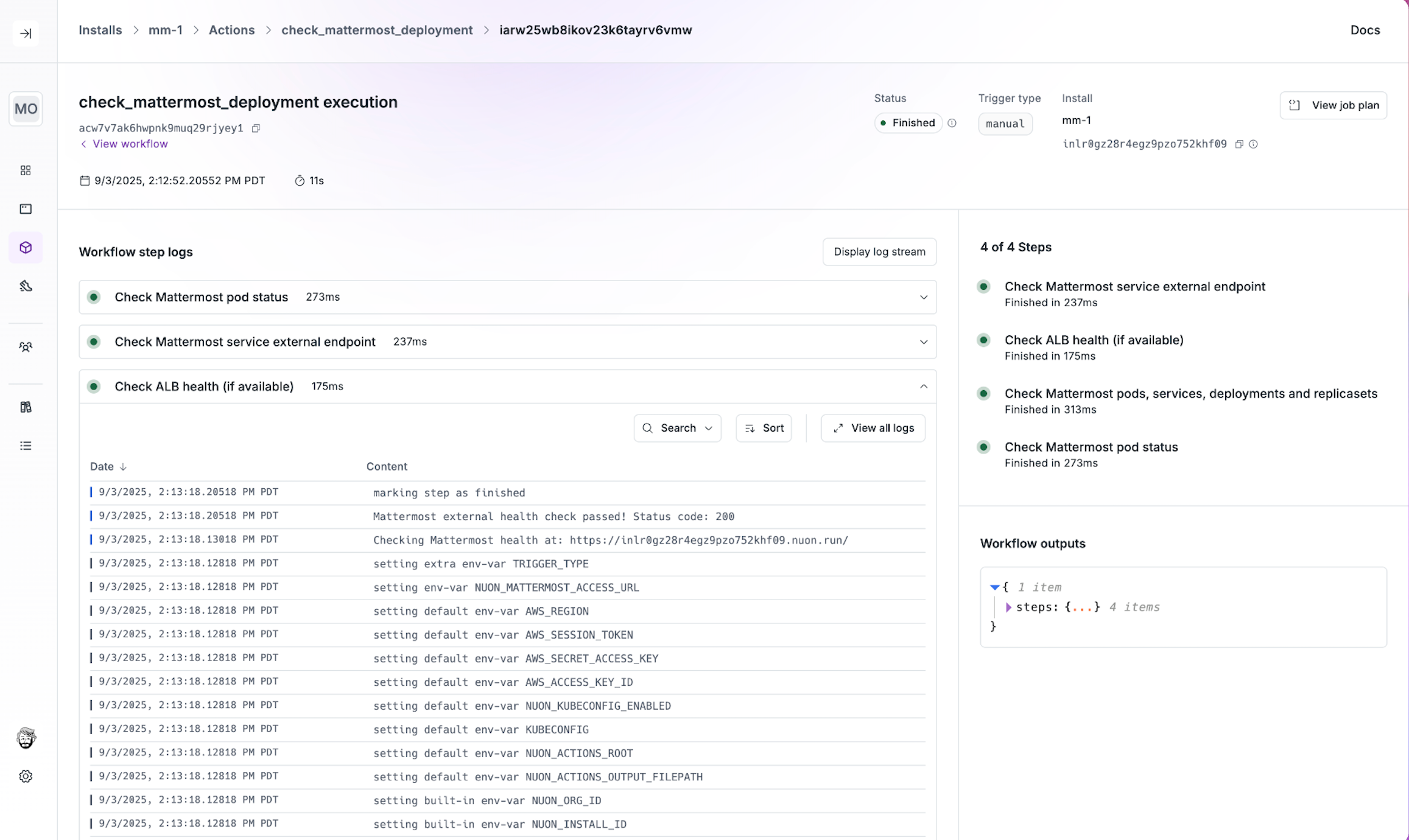 Actions are scripts that can be run during an install or in Day-2 operations. This action is a healthcheck of the Application Load Balancer and Mattermost pods.