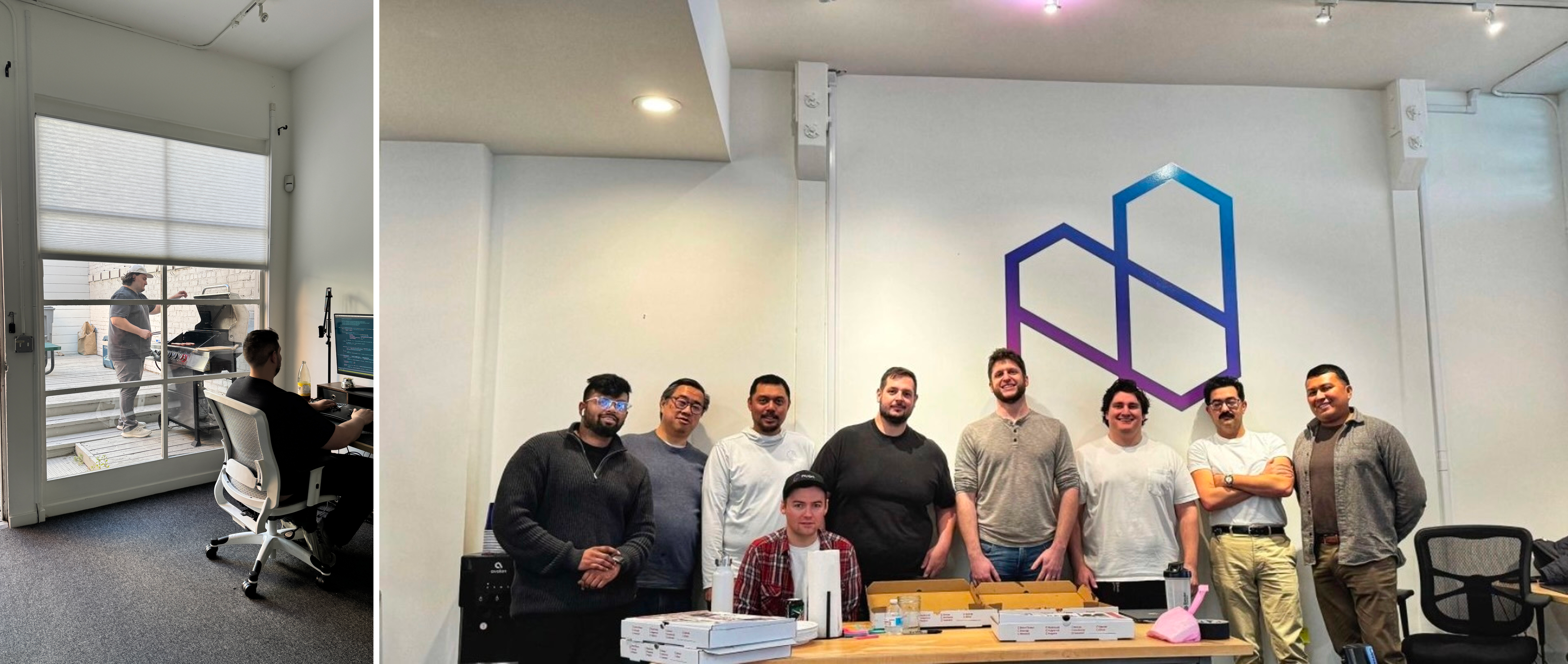 Jon at his desk with his fancy keyboard. Casey grilling. Part of the team in the main area of the office.