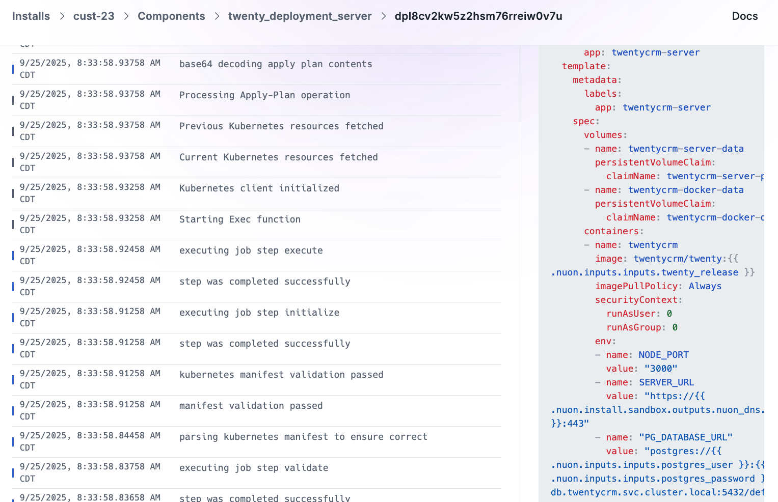 Audit logs from one installation step - deploying the Twenty server with a Kubernetes manifest