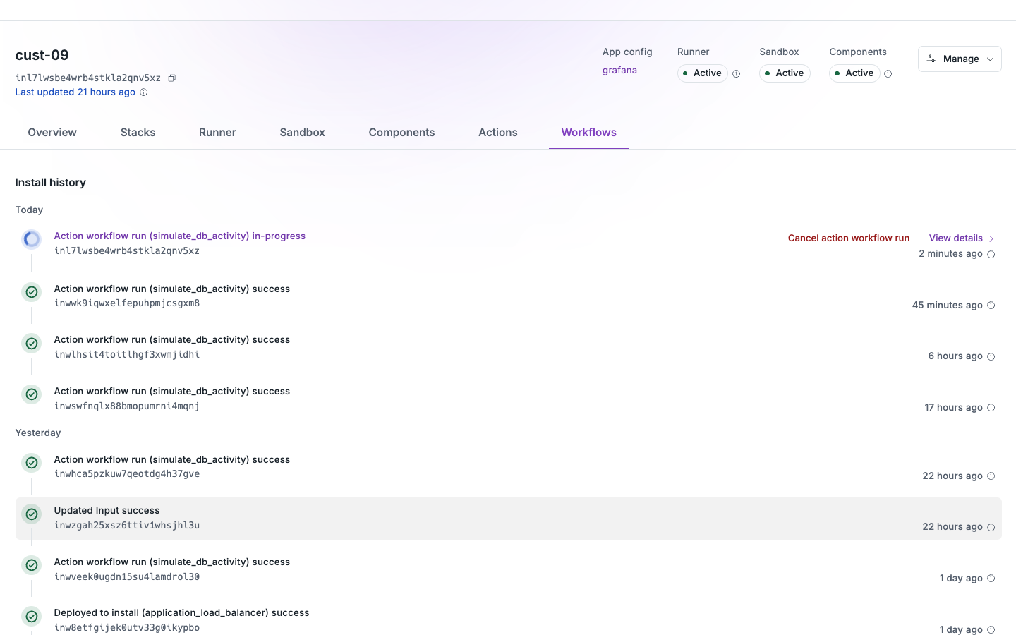 Nuon workflows in the dashboard with an Action script being executed 