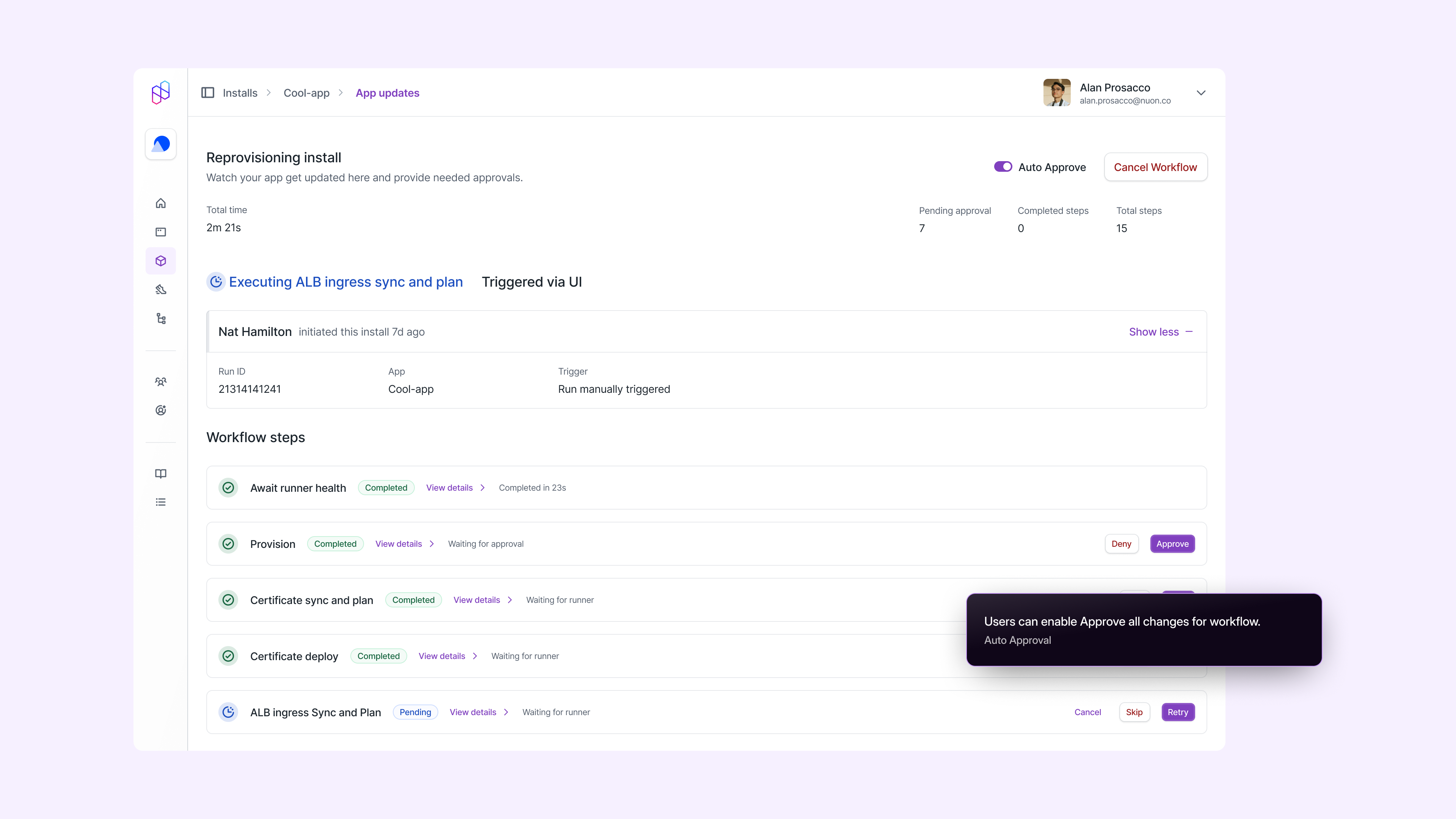Image of Dashboard UI showing Auto Approvals enabled for a workflow