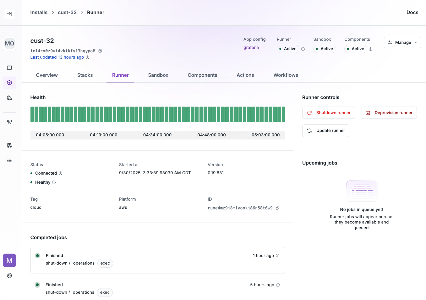 The Nuon runner's status in the dashboard. The runner adheres to roles and permission boundaries in the customer cloud account
