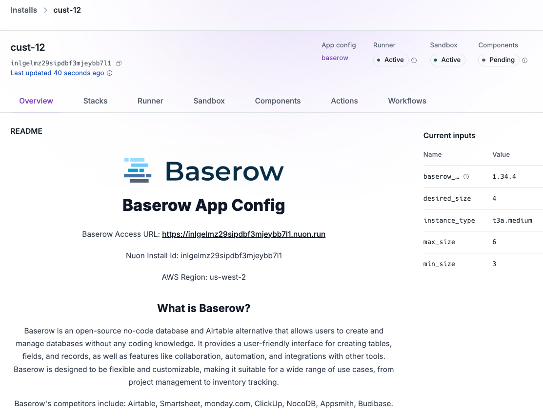 The Install's README.md with templated values including the access url