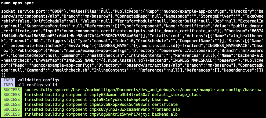 The Nuon CLI showing the app being synced and the components build in the Nuon control plane