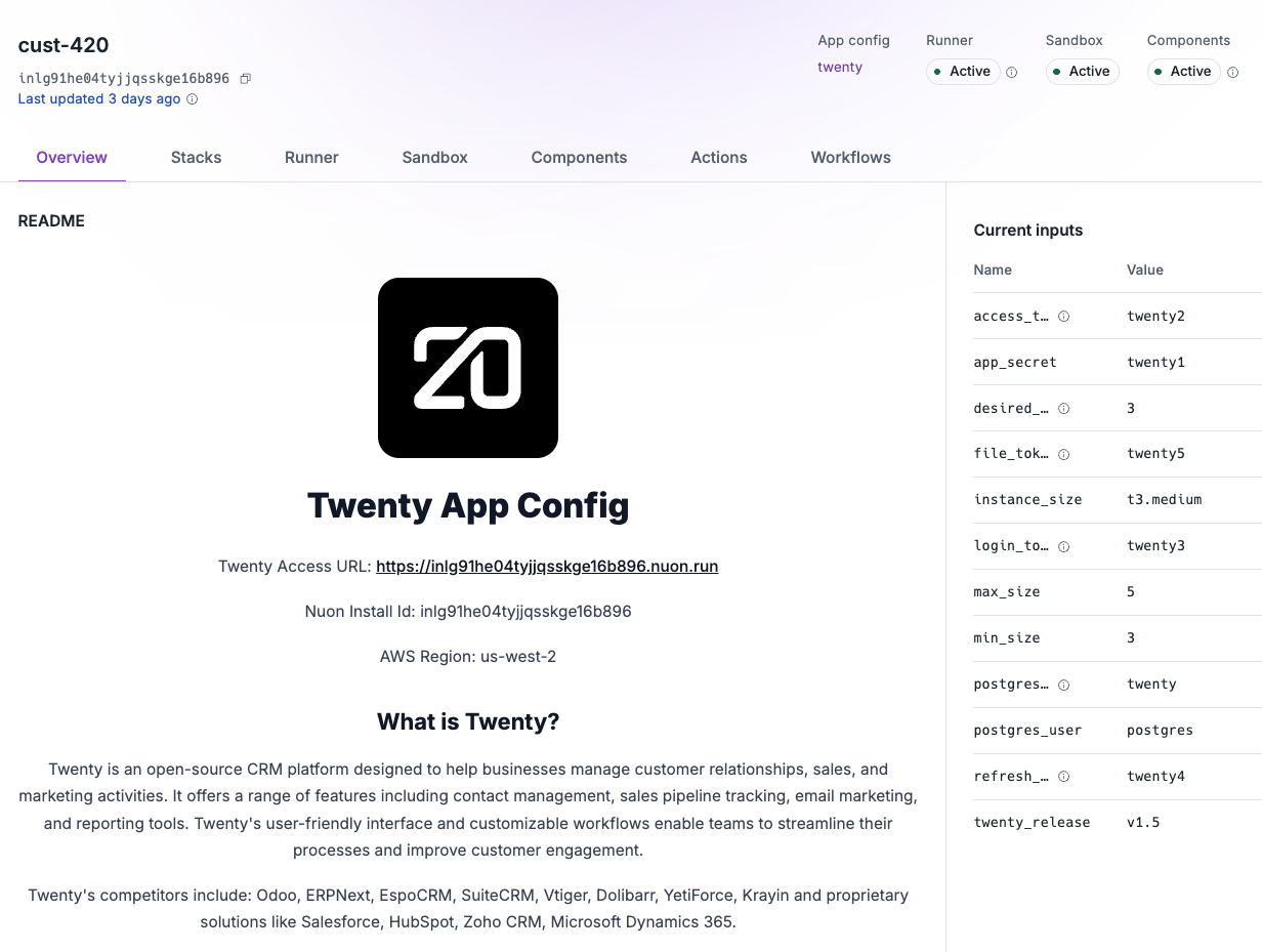 The Twenty App Config in the Nuon dashboard