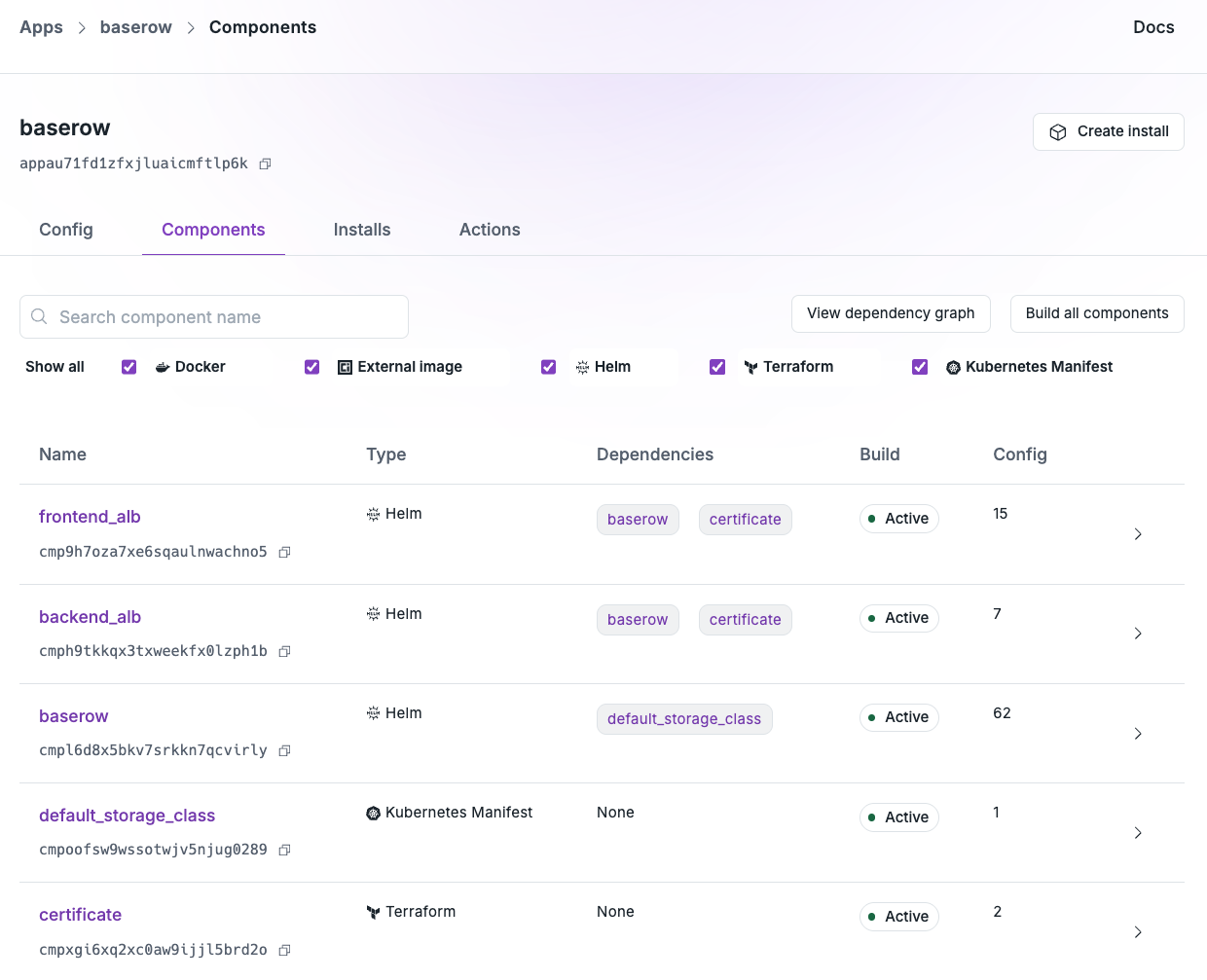 The components that make up the app of Baserow