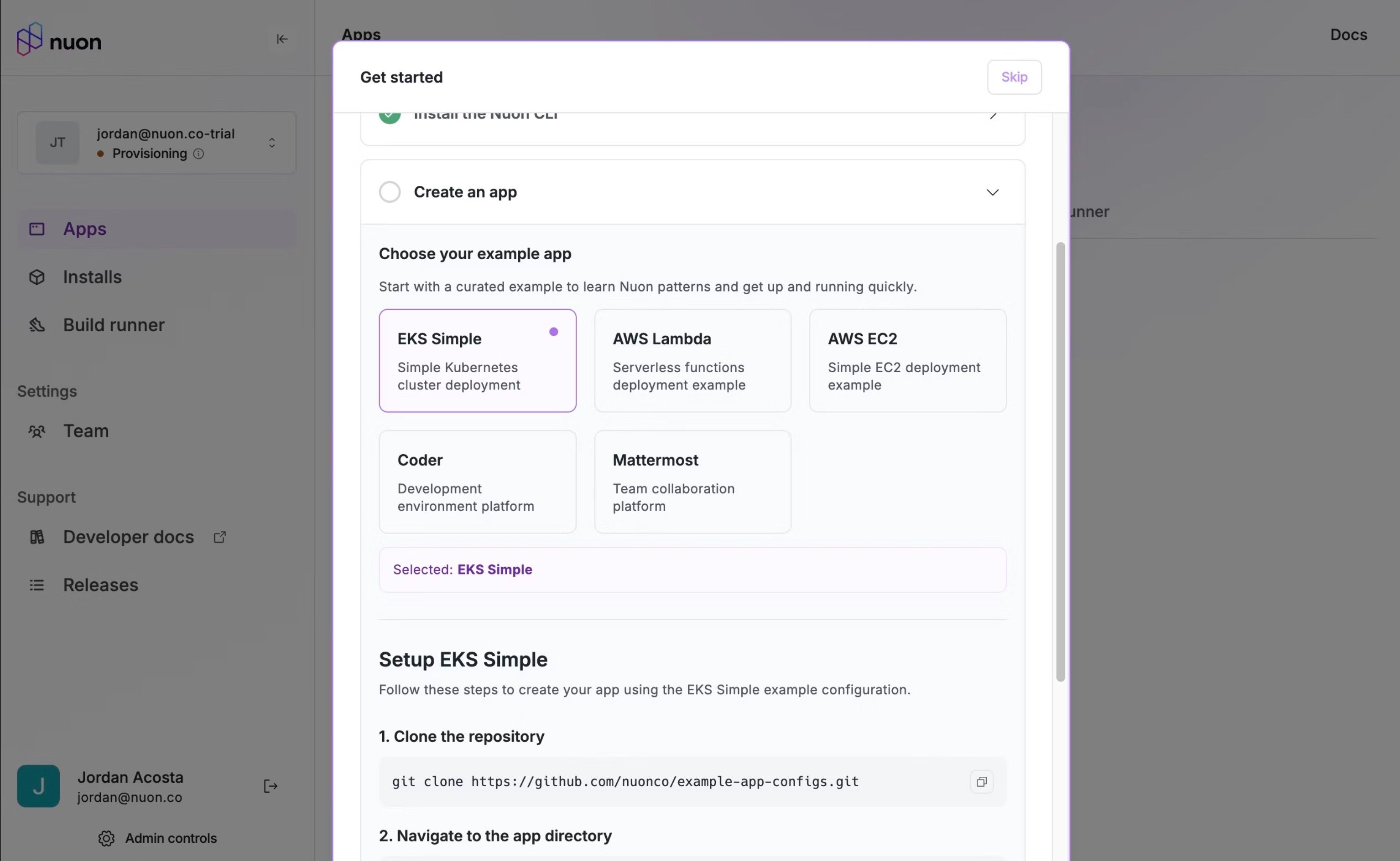 The first time you log into the Nuon trial, you are prompted to download the CLI and sync an example app config