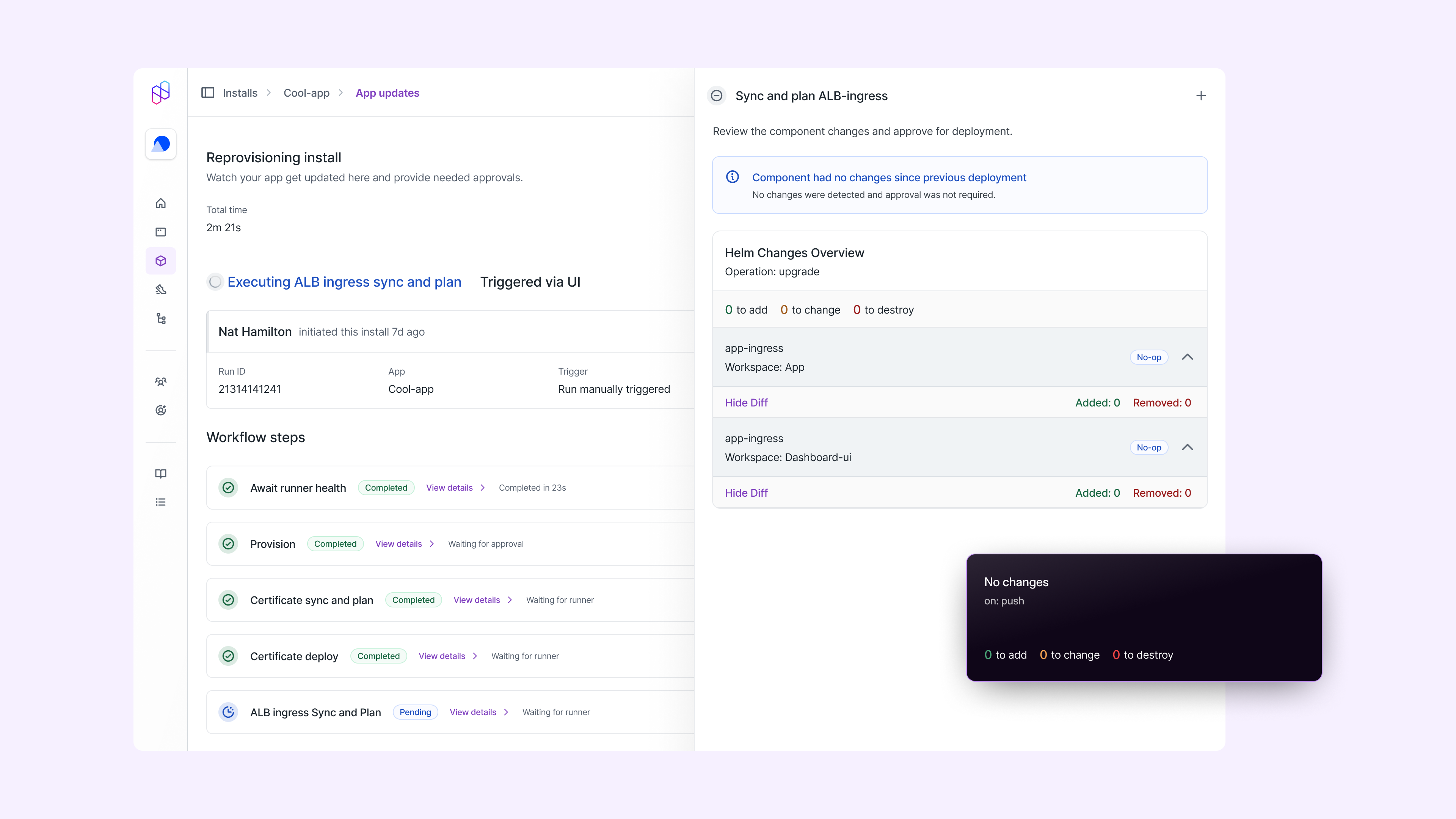 Image of dashboard showing no changes during a re-deploy of a component.