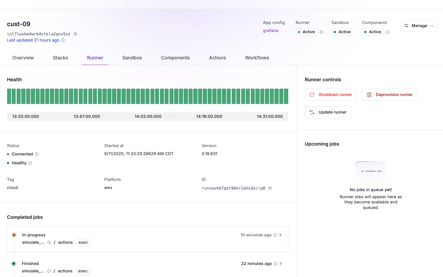 The Install Runner's status and notice an Action script to simulate PostgreSQL activity being executed