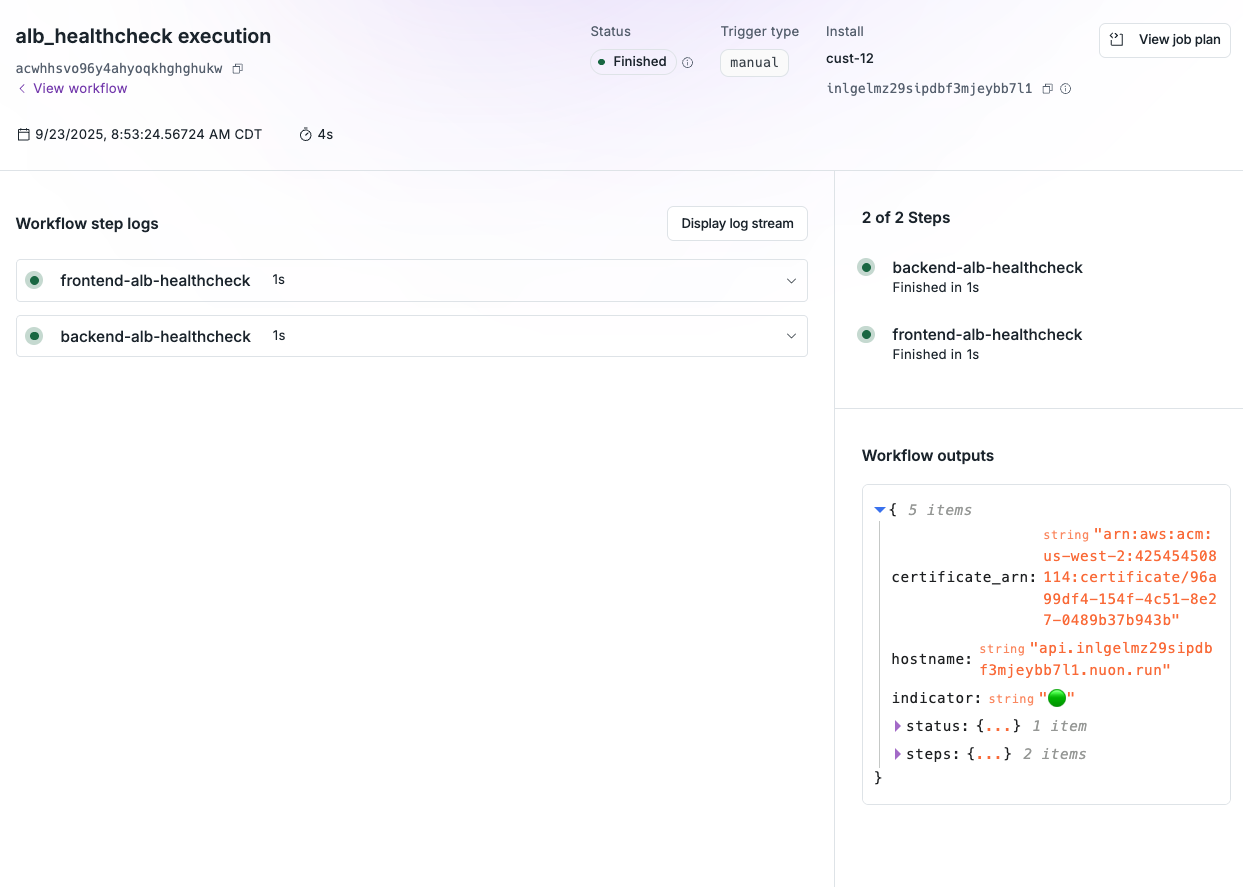 An Action checking the health of the 2 ALBs