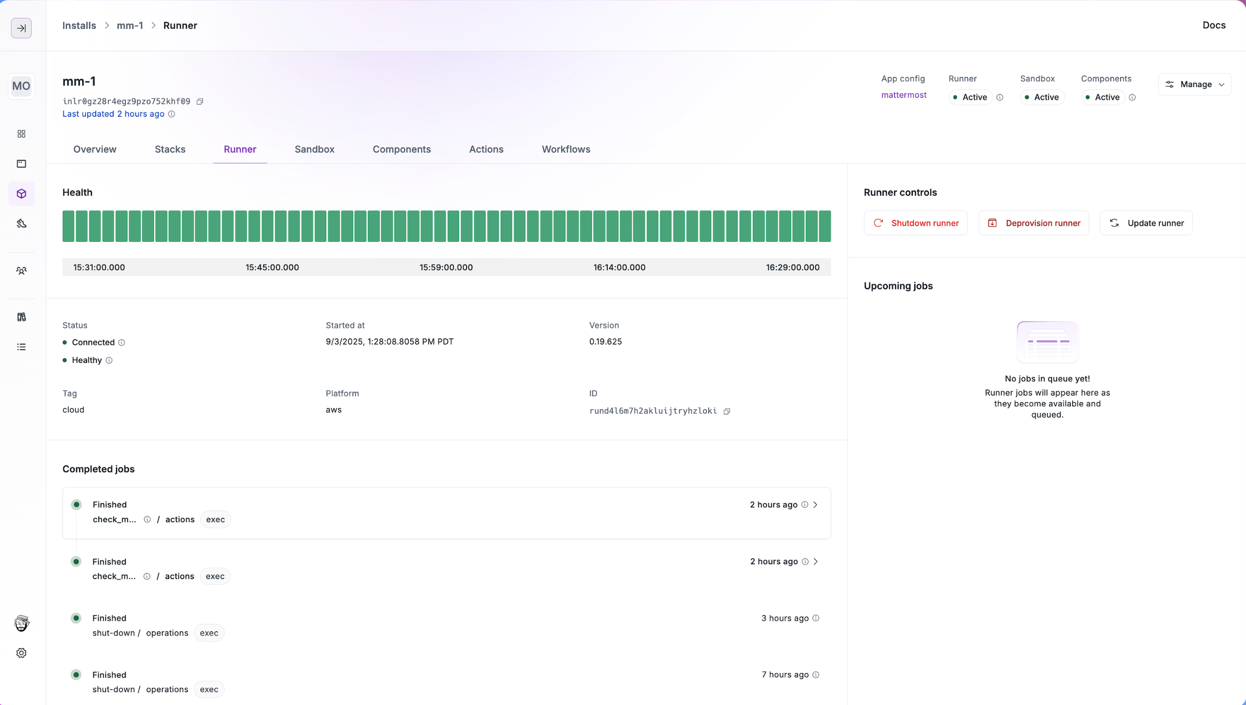 The Nuon runner operates as a container in a VM inside the remote VPC - retrieving jobs and steps to install the application.