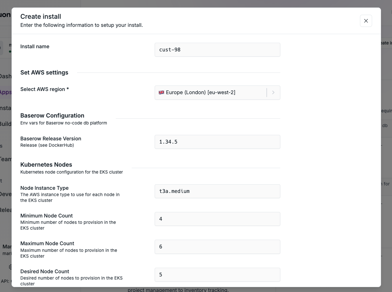 Inputs by the vendor to kickoff the customer install