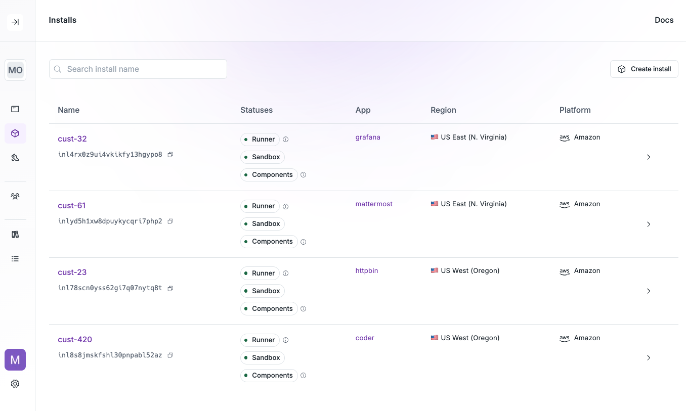 Multiple customer installs in the Nuon dashboard with the cloud region and app they are based on