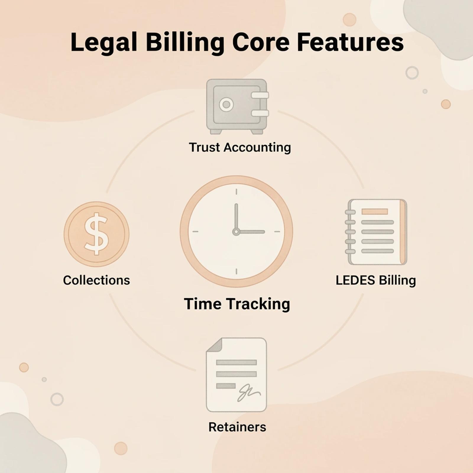 Hub and spoke diagram showing legal billing software connected to five core features