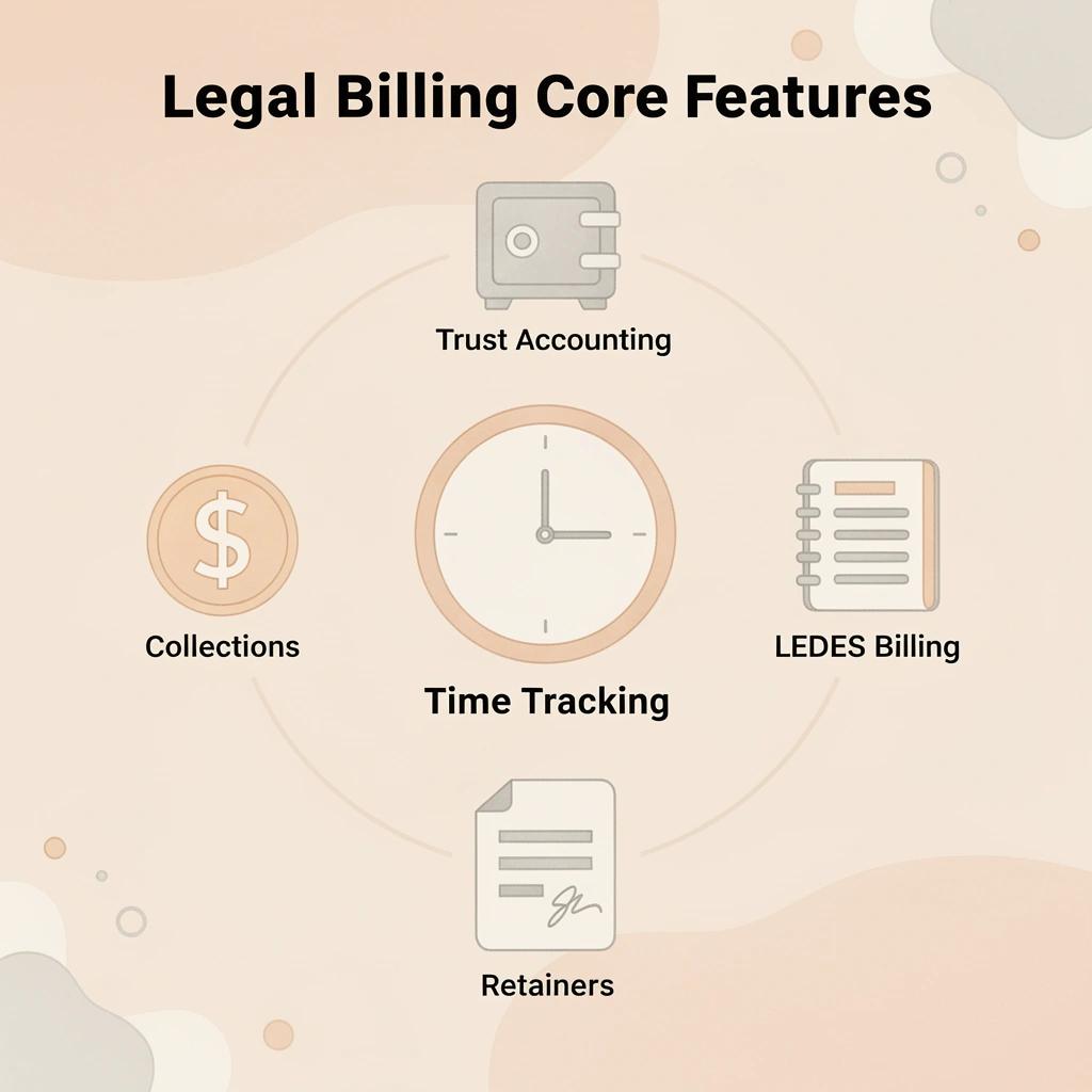 Hub and spoke diagram showing legal billing software connected to five core features