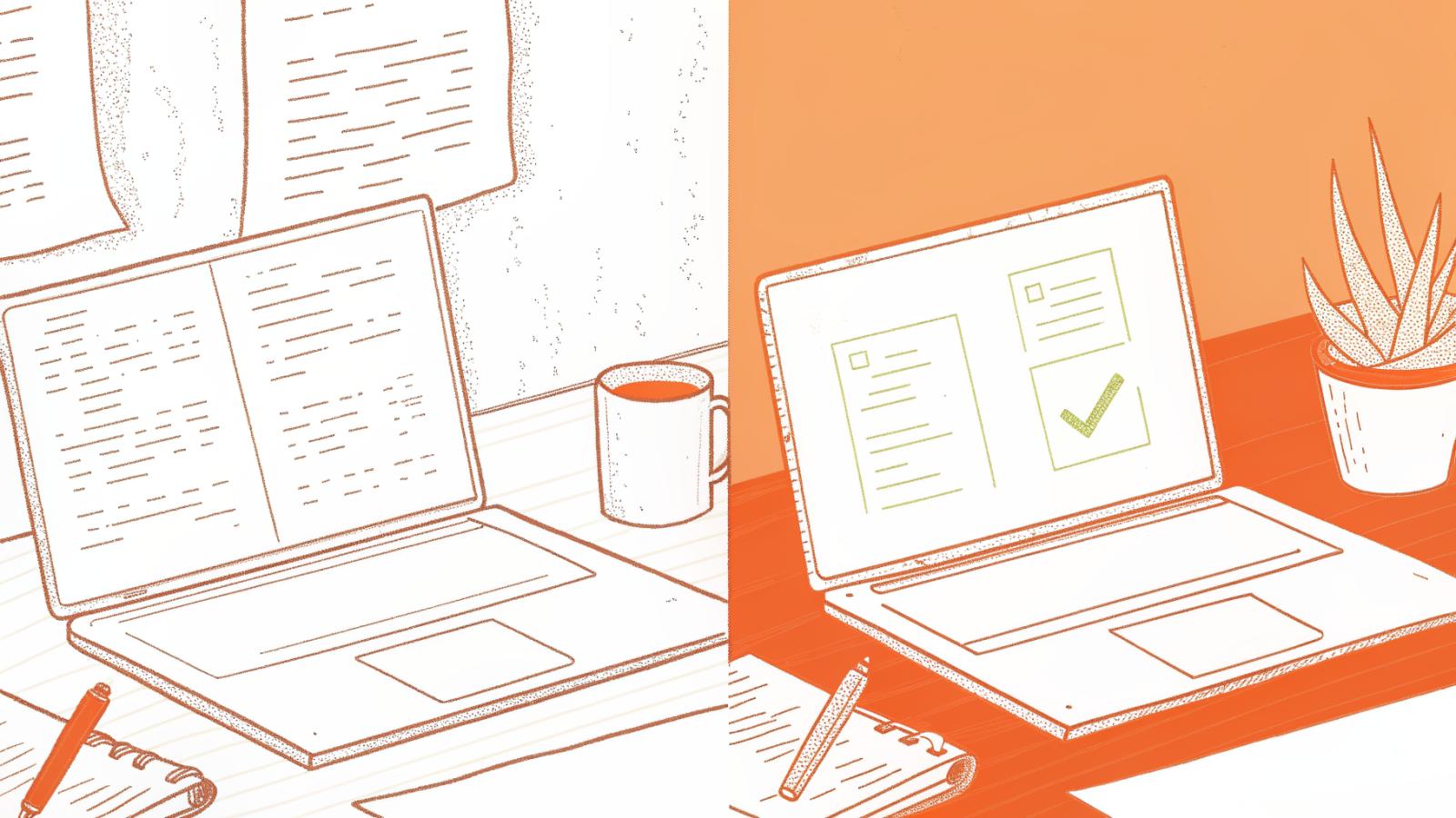 Manual contract template with corrections beside an AI drafting interface on a lawyer's desk