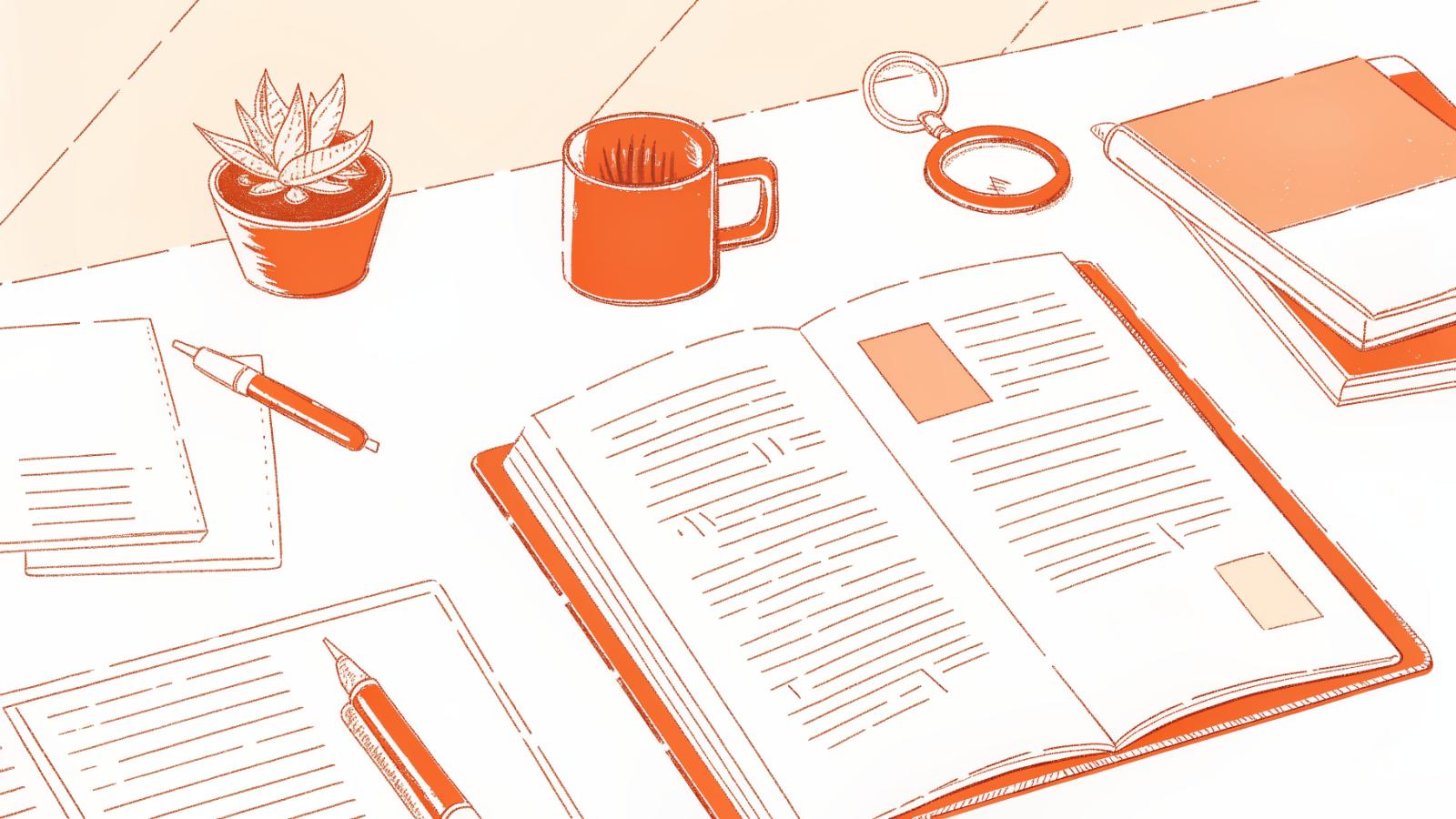 Legal desk with open casebook, Bluebook guide, magnifying glass, and citation checklist