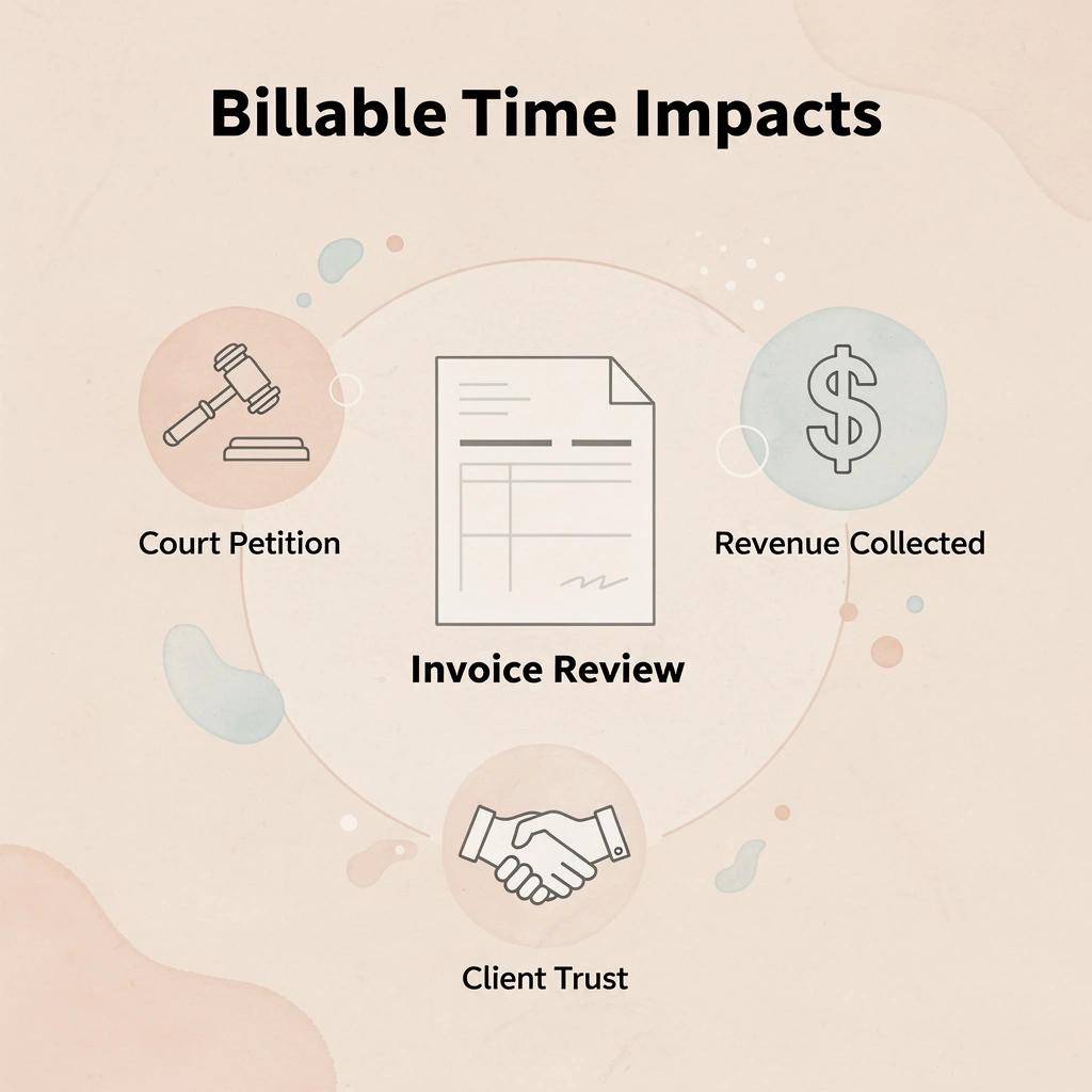 Hub and spoke infographic showing four impacts of billable time recording