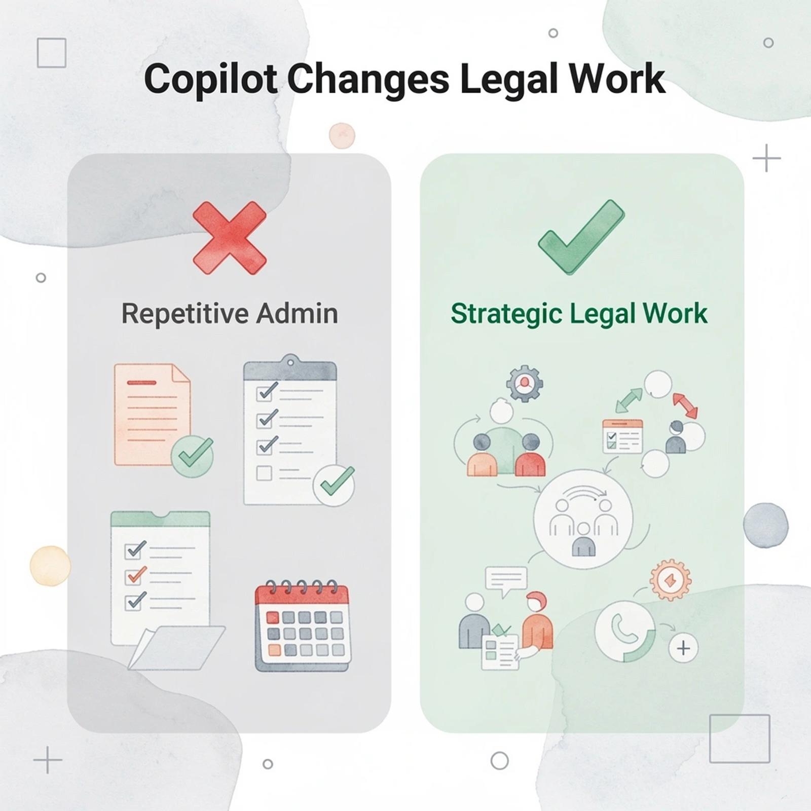 Before and after infographic showing shift from repetitive admin to strategic legal work with Copilot