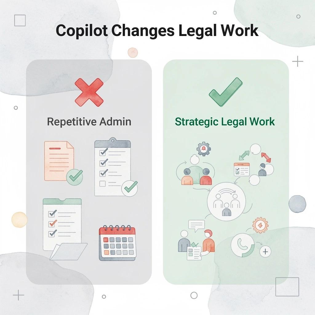 Before and after infographic showing shift from repetitive admin to strategic legal work with Copilot
